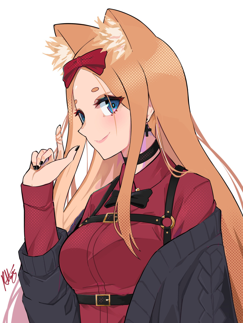 1girl, absurdres, animal_ears, black_bow, black_choker, black_nails, blue_eyes, bow