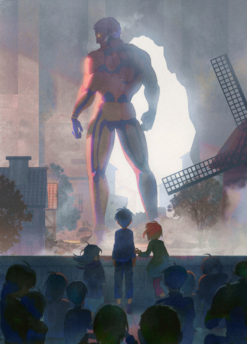 1girl, 2boys, abs, armin_arlert, armored_titan, black_hair, blonde_hair, child