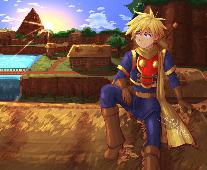 1boy, absurdres, armor, blonde_hair, blue_eyes, cape, golden_sun, highres