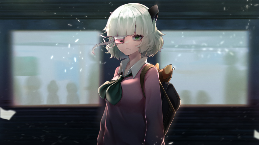 1girl, breasts, cellphone, closed_mouth, commission, commissioner_upload, eyepatch, fang