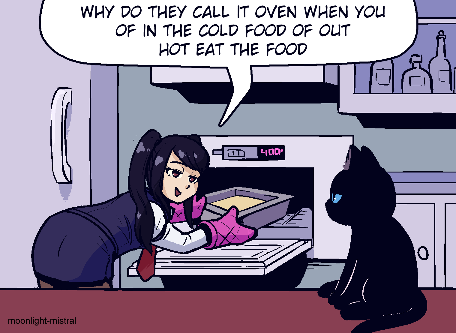 1girl, black_cat, black_hair, cat, english_text, garfield, jill_stingray, lasagne, looking_at_animal, meme, moonlight-mistral, necktie, oven, oven_mitts, purple_skirt, purple_vest, red_necktie, refrigerator, shirt, skirt, smile, twintails, va-11_hall-a, vest, violet_eyes, white_shirt