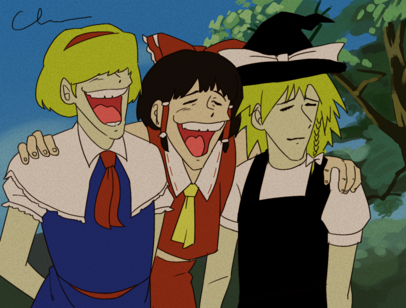 1970s_(style), 3girls, 833_(cookie), alice_margatroid, bangs, black_headwear, black_vest, blonde_hair, blue_dress, blue_sky, bow, braid, brown_hair, capelet, castle_of_cagliostro, closed_eyes, comedy, commentary_request, cookie_(touhou), cowboy_shot, day, dress, hair_bow, hair_over_eyes, hair_tubes, hairband, hakurei_reimu, hand_on_another's_shoulder, hat, hat_bow, jigen_(cookie), kaiben-san_taro, kirisame_marisa, koga_(cookie), laughing, lupin_iii, multiple_girls, necktie, open_mouth, outdoors, parody, puffy_short_sleeves, puffy_sleeves, red_bow, red_hairband, red_necktie, red_skirt, retro_artstyle, shirt, short_hair, short_sleeves, signature, single_braid, skirt, sky, sleeveless, sleeveless_dress, sleeveless_shirt, smile, style_parody, touhou, tree, vest, white_bow, white_capelet, white_shirt, witch_hat, yellow_necktie