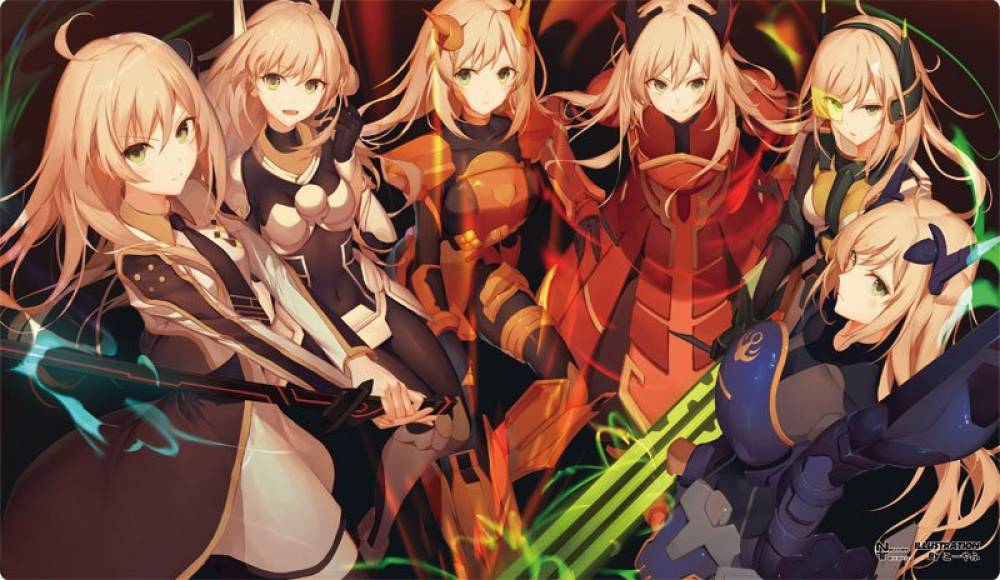 6+girls, ahoge, armor, blonde_hair, blue_eyes, blush, bodysuit, breastplate, breasts, covered_navel, dress, duel_monster, fire, green_eyes, highres, holding, holding_sword, holding_weapon, katana, long_hair, long_sleeves, multiple_persona, necktie, open_mouth, sky_striker_ace_-_hayate, sky_striker_ace_-_kagari, sky_striker_ace_-_kaina, sky_striker_ace_-_raye, sky_striker_ace_-_shizuku, solo, sword, thigh-highs, weapon, yu-gi-oh!, yuu-gi-ou