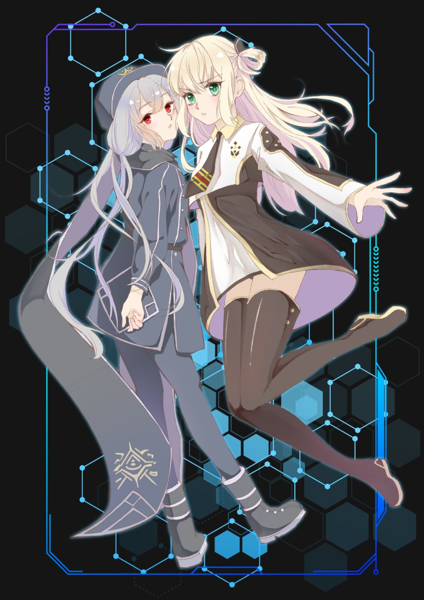 2girls, arms_behind_back, bangs, black_dress, black_footwear, black_headwear, black_scarf, blonde_hair