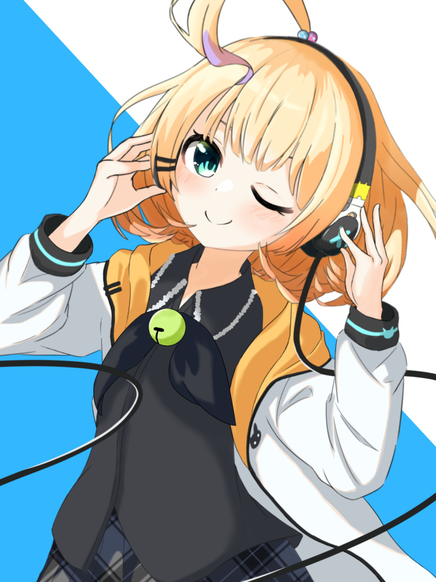 1girl, bangs, bell, black_bow, black_shirt, blonde_hair, blue_eyes, blush, bow, collared_shirt, grey_skirt, head_tilt, headphones, highres, hood, hoodie, jacket, looking_to_the_side, mikeneko_(mikene_koko), millie_parfait, neck_bell, nijisanji, nijisanji_en, one_eye_closed, orange_hoodie, plaid, plaid_skirt, shirt, short_hair, skirt, smile, solo, tied_hair, virtual_youtuber, white_jacket