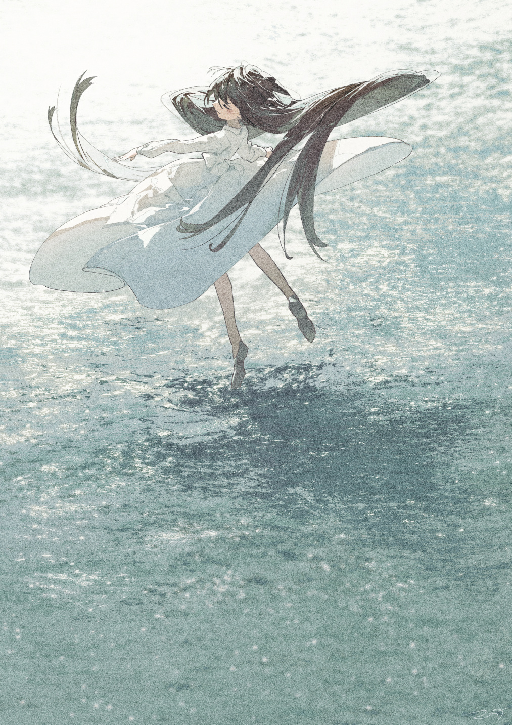 1girl, bangs, black_hair, blush, closed_eyes, closed_mouth, dancing, day, dress, facing_away, from_behind, highres, long_hair, original, potg_(piotegu), scenery, shadow, shoes, signature, solo, very_long_hair, water, water_world, white_dress