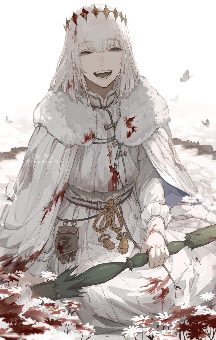 1boy, absurdres, bangs, blood, blood_stain, blue_eyes, cape, crown