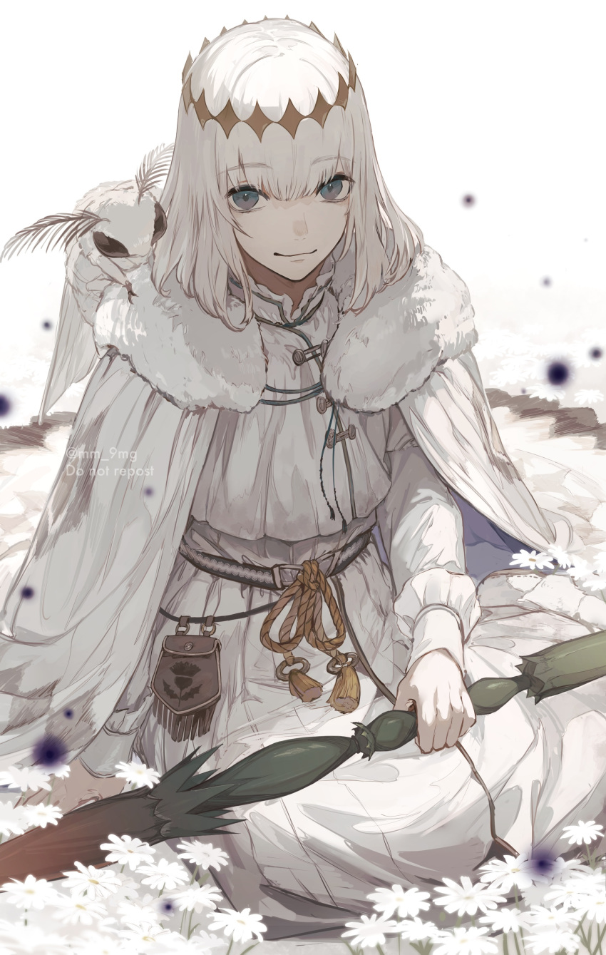 1boy, absurdres, bangs, blue_eyes, bug, cape, closed_mouth, crown, diamond_hairband, fate/grand_order, fate_(series), fur-trimmed_cape, fur_trim, highres, holding, long_hair, looking_at_viewer, male_focus, mg_(ehme3725), oberon_(fate), smile, solo, white_hair
