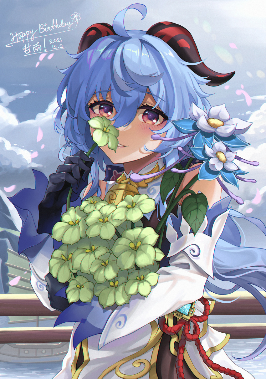 1girl, absurdres, ahoge, bangs, bare_shoulders, bell, black_gloves, blue_flower