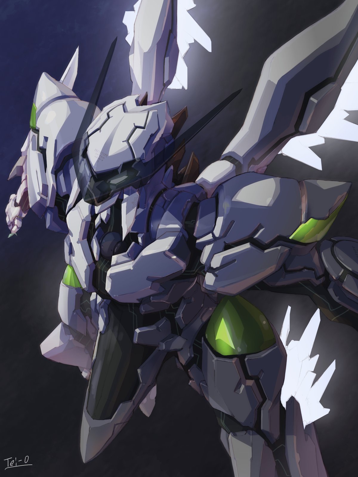 artist_name, black_background, flying, highres, idolo, looking_up, mecha, no_humans