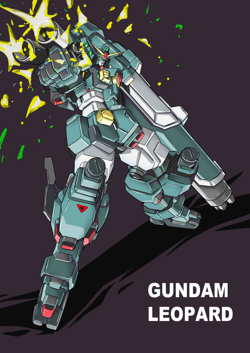 absurdres, after_war_gundam_x, arm_cannon, character_name, clenched_hand, firing, green_eyes, gun