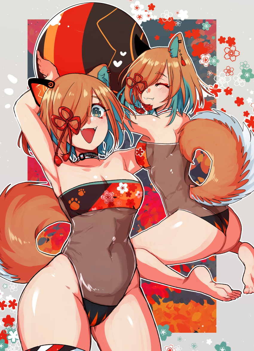 1girl, :d, absurdres, animal_ears, arm_up, ass, ball, barefoot, blue_eyes, brown_hair, choker, closed_eyes, collarbone, colored_inner_hair, commentary, covered_navel, dog_ears, dog_girl, dog_tail, english_commentary, fangs, fangs_out, floral_background, green_hair, gris_swimsuit, groin, hair_over_one_eye, highres, holding, holding_ball, miyoshino_shiki, multicolored_hair, multiple_views, one-piece_swimsuit, outline, outside_border, paw_print, pride-kun, prism_project, see-through_swimsuit, short_hair, smile, swimsuit, tail, white_outline