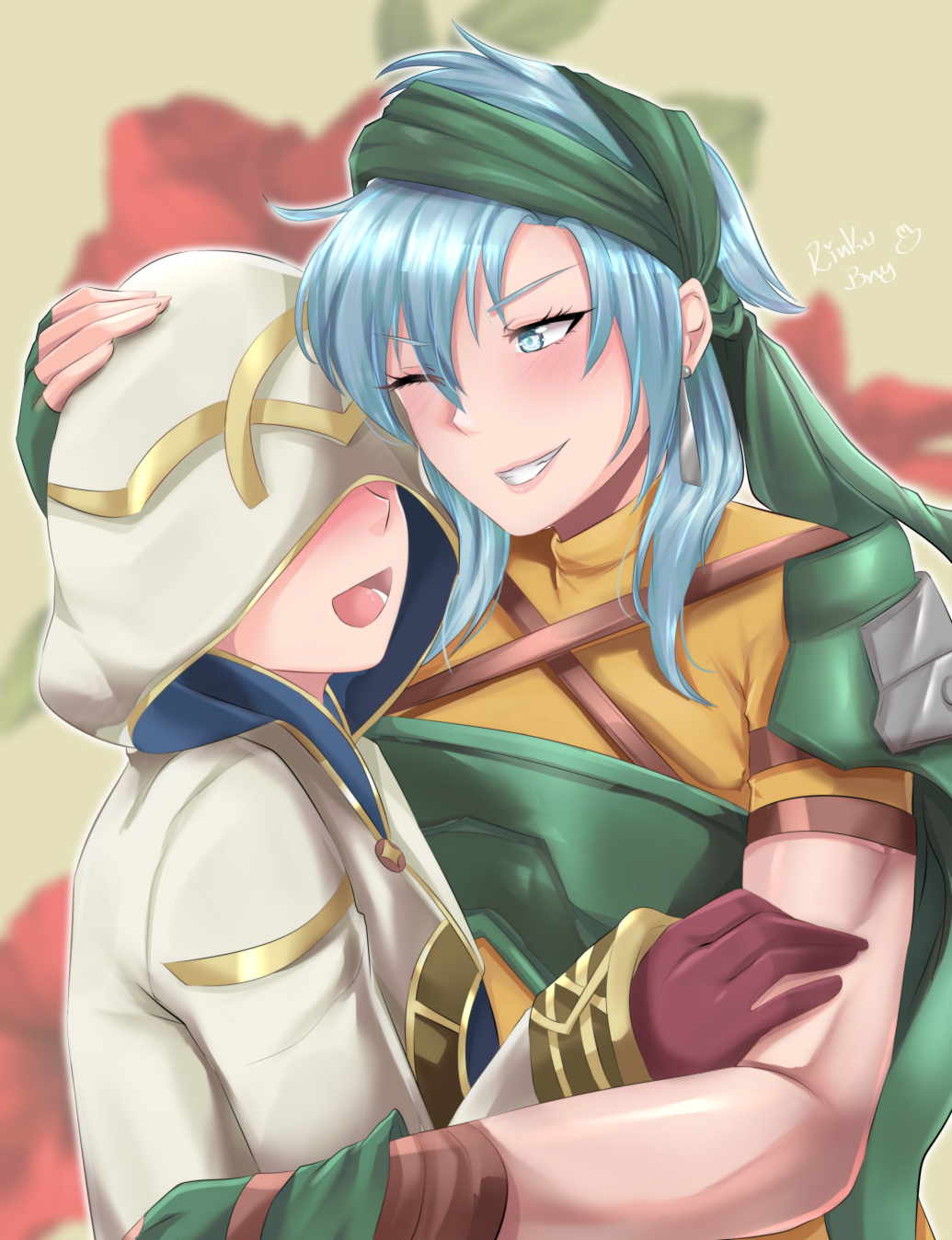 bandana, blue_eyes, bunnyinlove, echidna_(fire_emblem), fire_emblem, fire_emblem:_the_binding_blade, fire_emblem_heroes, gloves, hair_between_eyes, highres, hood, hug, kiran_(fire_emblem), one_eye_closed, silver_hair, smile, tomboy