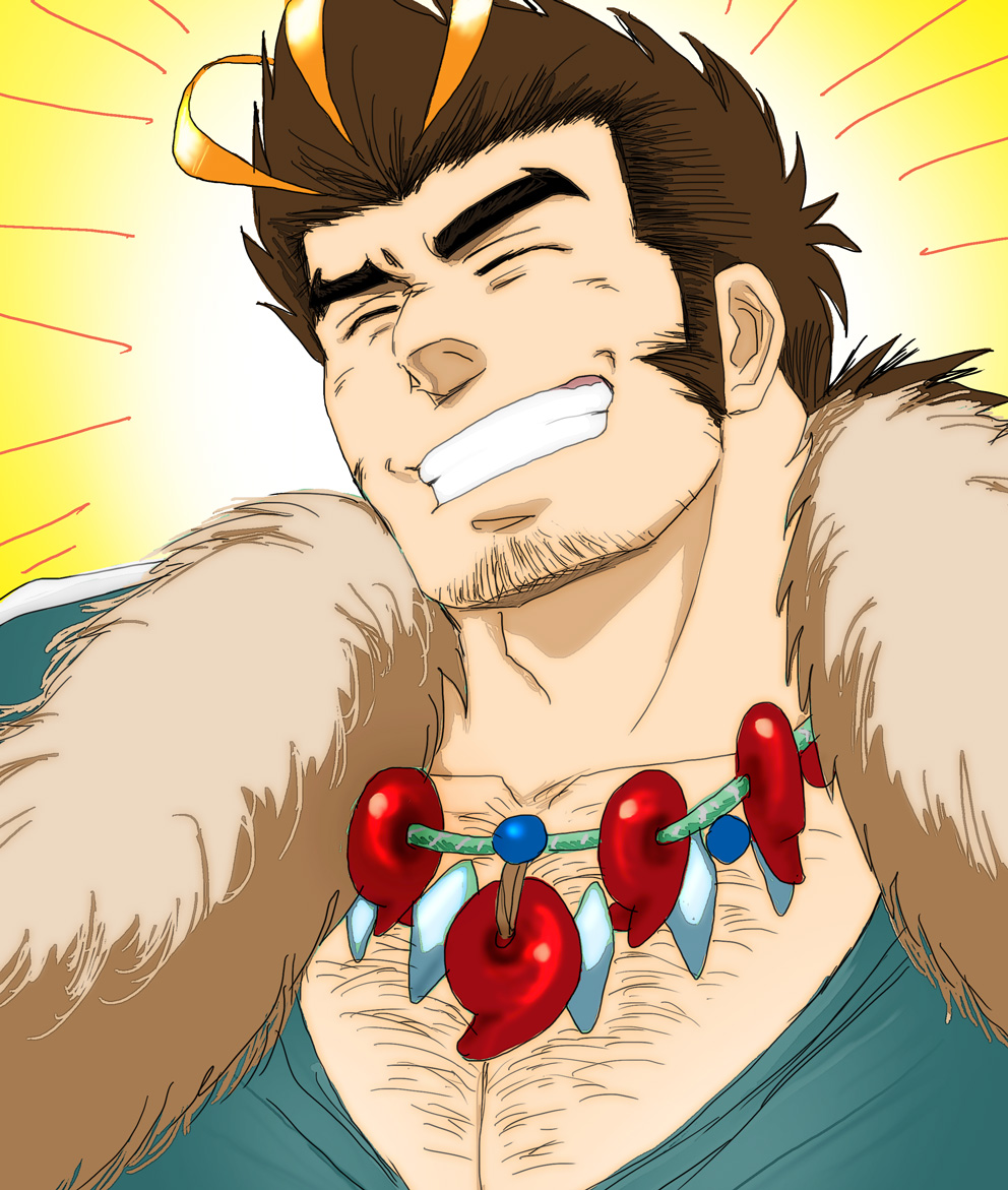 1boy, beard, body_hair, brown_hair, collar, copyright_request, facial_hair, magatama