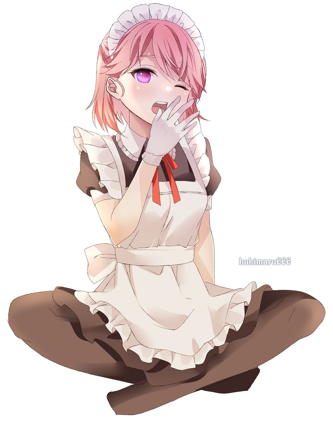 1girl, alternate_costume, apron, bangs, black_dress, black_legwear, breasts, commentary_request