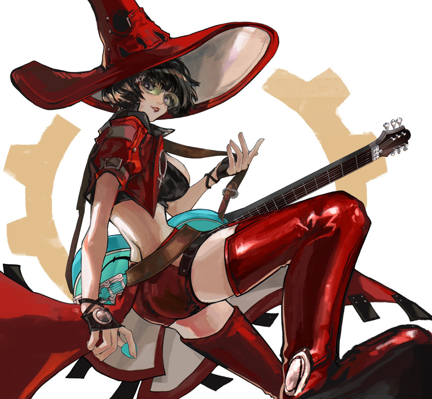 1girl, ass, belt, black_gloves, black_hair, boots, brown_belt, electric_guitar