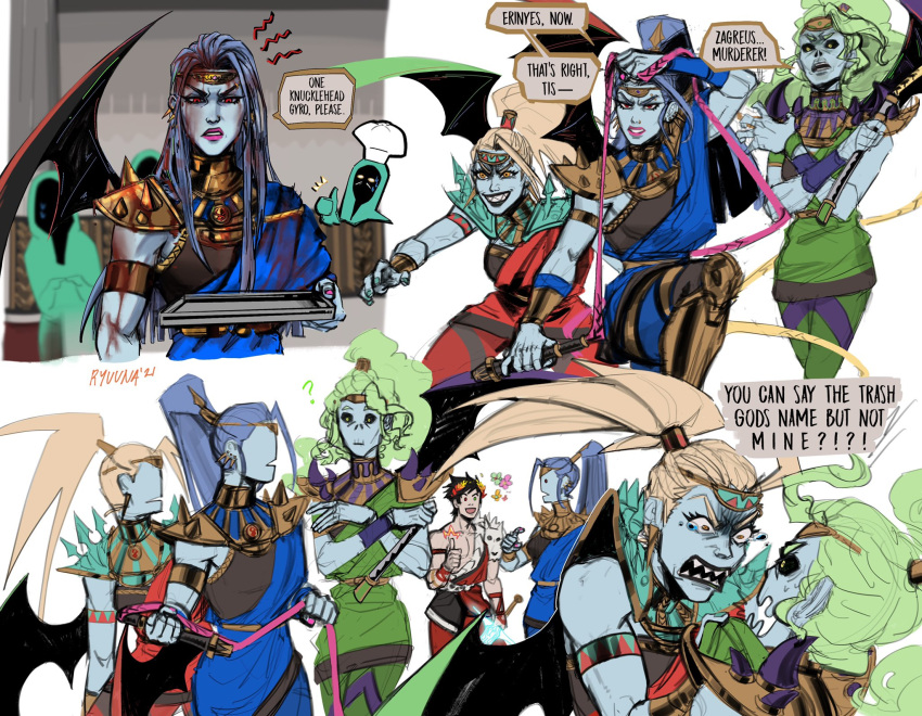 1boy, 3girls, alecto_(hades), black_sclera, blue_hair, blue_skin, colored_sclera, colored_skin
