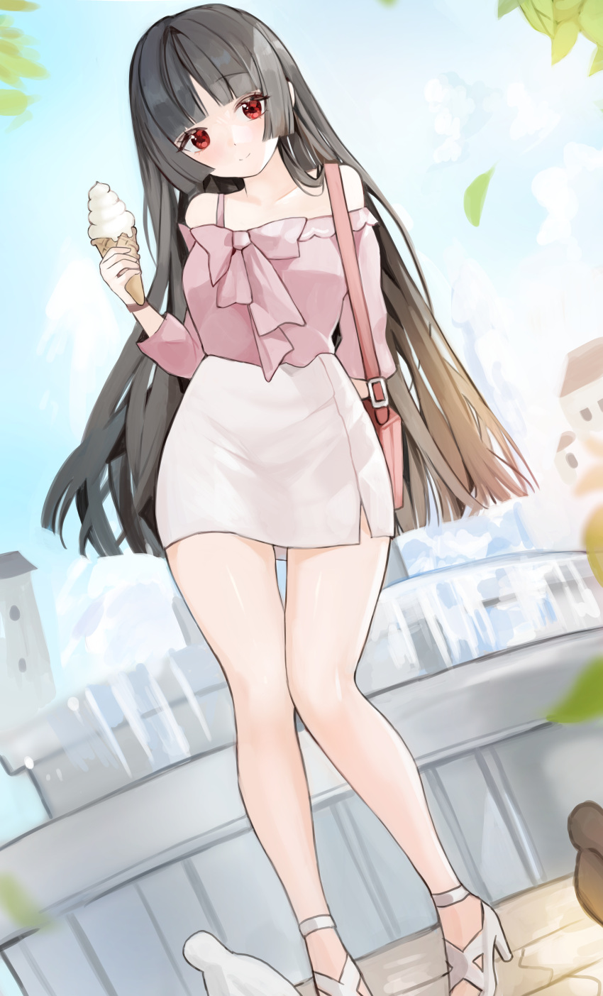 1girl, absurdres, alternate_costume, arm_at_side, arm_up, bag, bangs, bare_shoulders