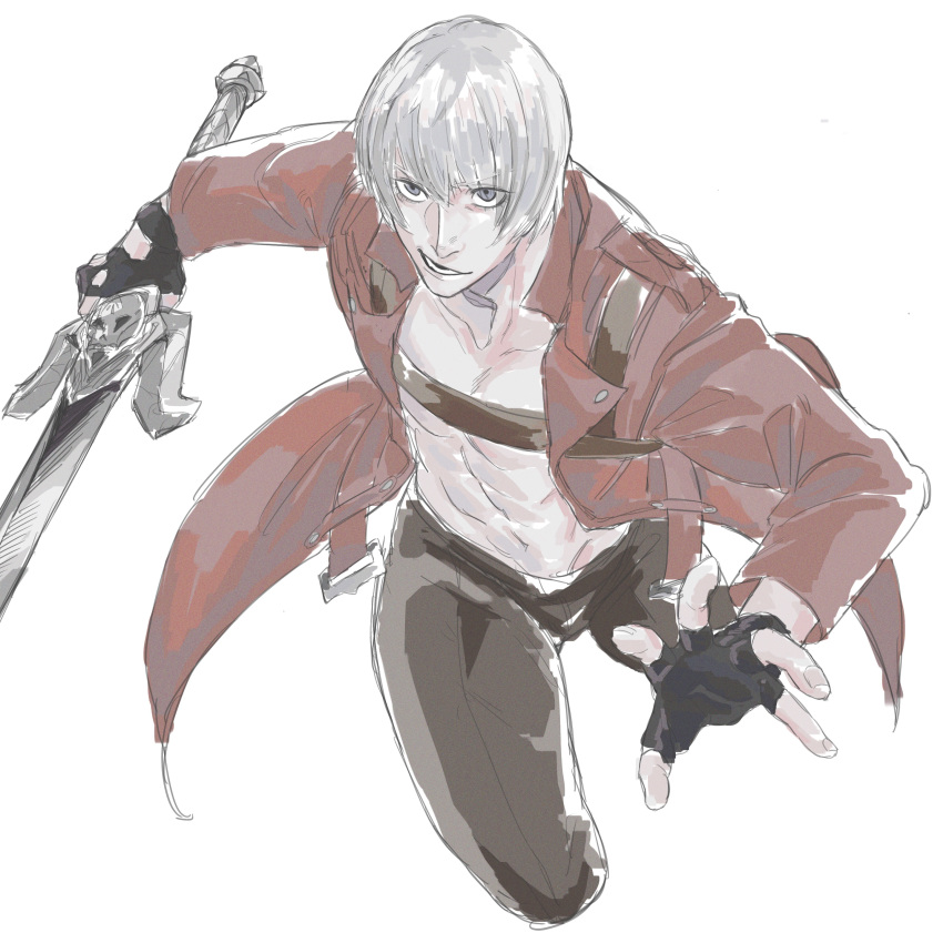 1boy, absurdres, bare_pectorals, black_gloves, coat, dante_(devil_may_cry), devil_may_cry_(series), devil_may_cry_3