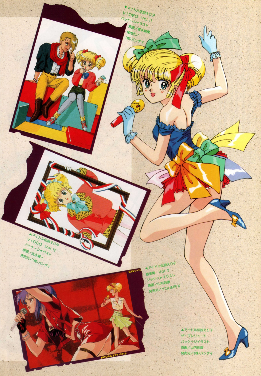 1990s_(style), 1boy, 2girls, asagiri_rei, bangs, blonde_hair, blue_eyes, blue_footwear