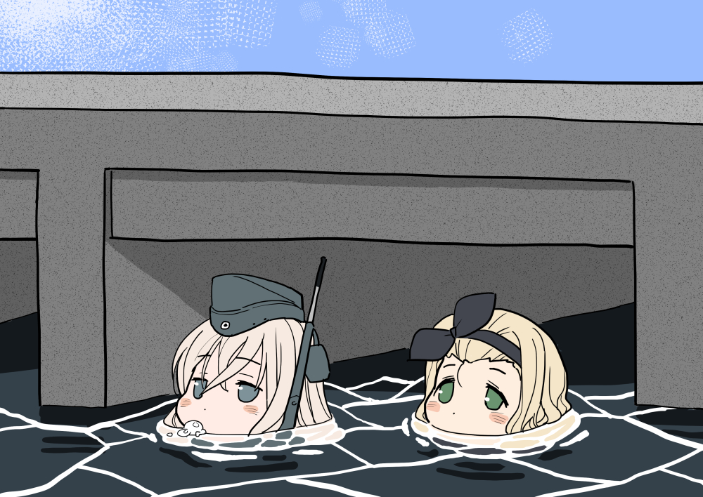 2girls, bangs, black_hairband, blonde_hair, blush, bubble, commentary_request, crossed_bangs