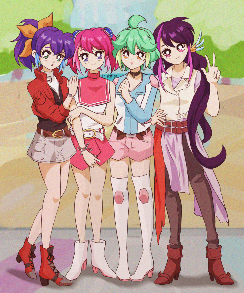 4girls, 90s, :d, ahoge, belt, blue_hair, bow, bracelet_girls