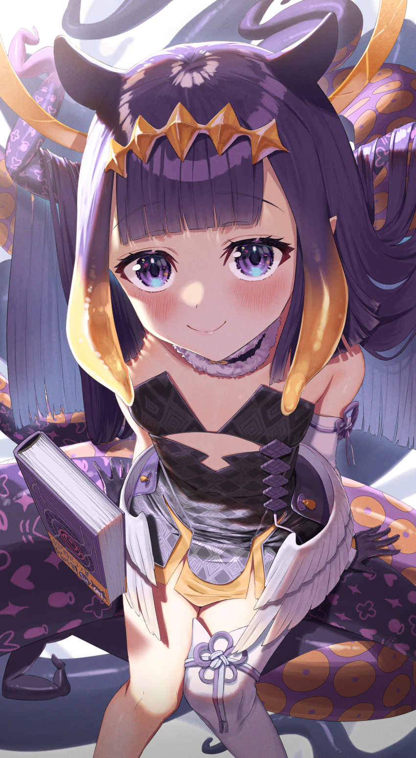 1girl, absurdres, black_dress, blush, book, closed_mouth, dress, flat_chest, floating, floating_book, floating_object, gradient_hair, highres, hololive, hololive_english, long_hair, looking_at_viewer, low_wings, multicolored_hair, ninomae_ina'nis, purple_hair, single_thighhigh, sitting_on_tentacle, smile, solo, taiga_(ryukyu-6102-8), tentacle_hair, tentacles, thigh-highs, very_long_hair, violet_eyes, white_legwear, wings