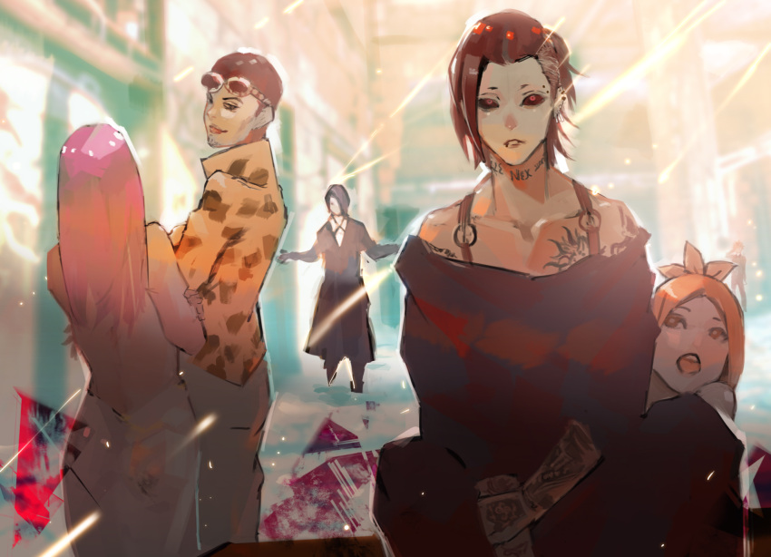 2girls, 3boys, animal_print, arm_tattoo, bangs, bare_arms, bare_shoulders, black_hair