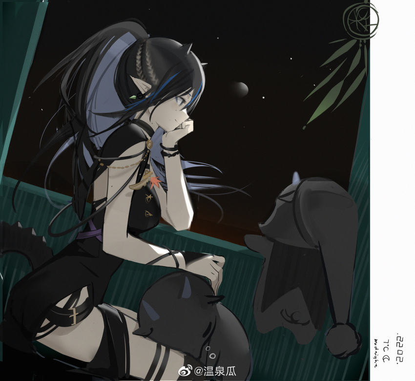 1girl, arknights, bare_shoulders, black_dress, black_eyes, black_hair, blacknight_(arknights), blue_hair