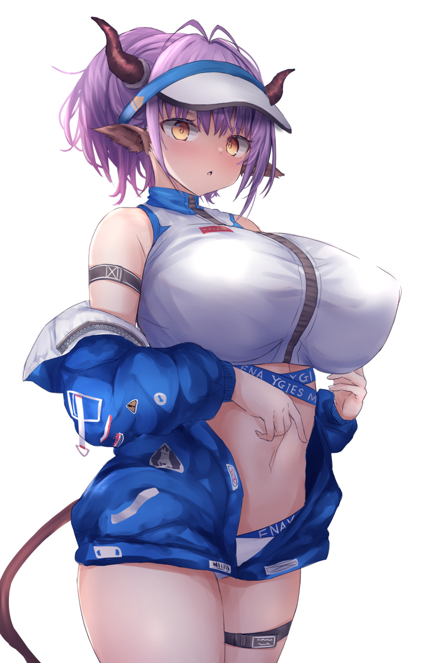 1girl, :o, animal_ears, antenna_hair, arknights, arm_strap, bare_shoulders, blue_jacket