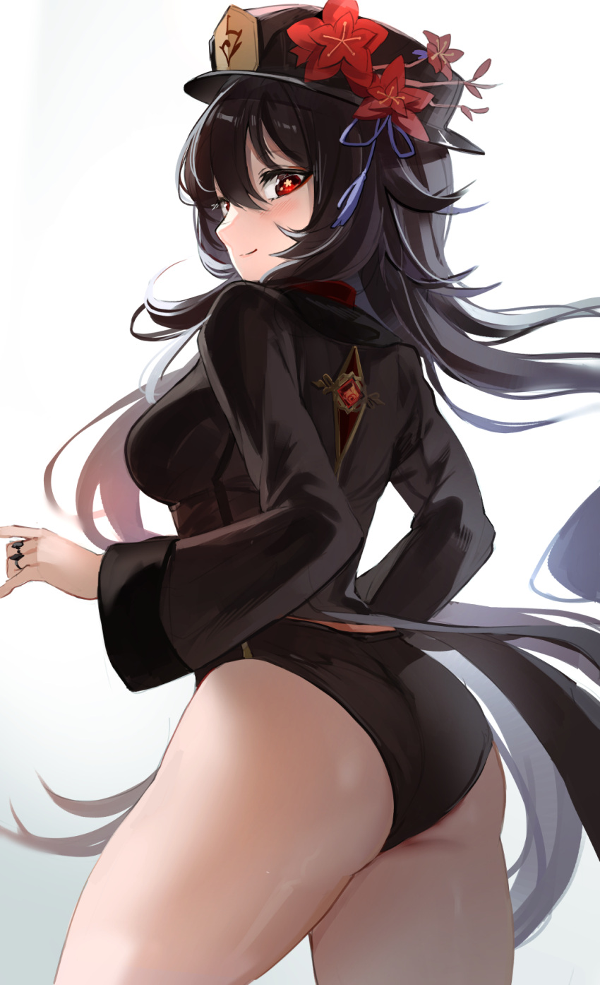 1girl, alternate_breast_size, ass, bangs, black_hair, black_panties, blush, breasts