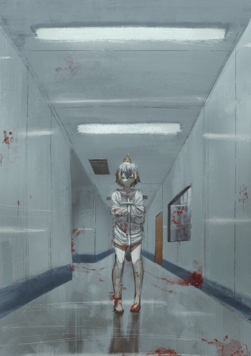 1girl, bangs, betabeet, black_hair, blood, blood_on_clothes, blood_on_feet, blood_stain