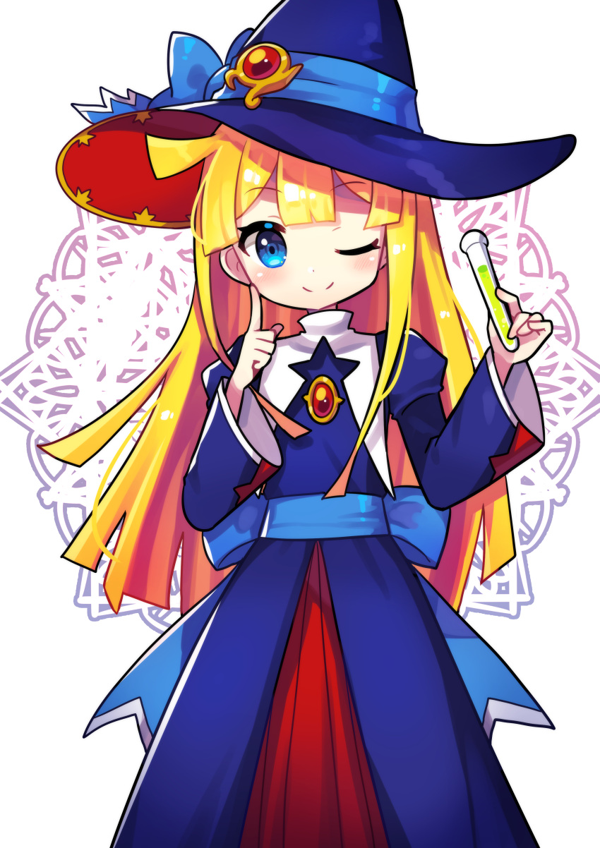 1girl, absurdres, blonde_hair, blue_bow, blue_eyes, blue_headwear, blue_ribbon, blush