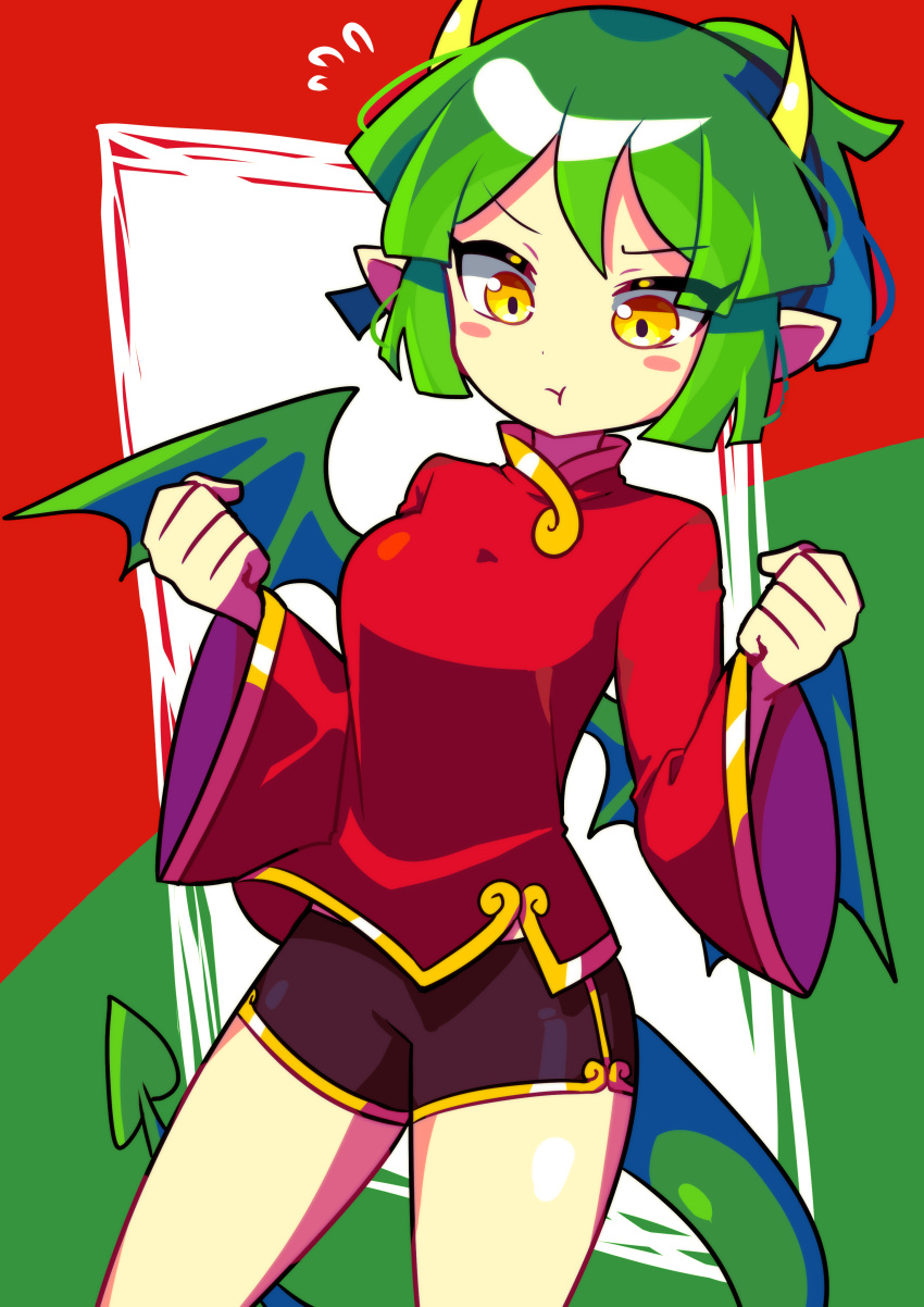 1girl, absurdres, breasts, china_dress, chinese_clothes, draco_centauros, dragon_girl, dragon_horns, dragon_tail, dragon_wings, dress, green_hair, highres, horns, large_breasts, long_sleeves, looking_at_another, looking_down, pointy_ears, pout, pouty_lips, puyopuyo, red_dress, s2offbeat, short_hair, solo, tail, wings, yellow_eyes