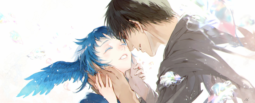 1boy, 1girl, bird_wings, black_hair, black_robe, blue_hair, closed_eyes, colored_eyelashes
