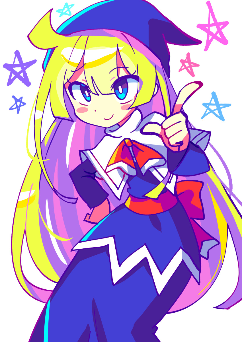 1girl, absurdres, blonde_hair, blue_eyes, blush, closed_mouth, eyebrows_visible_through_hair, highres, long_hair, looking_at_viewer, pointing, pointing_at_viewer, puyopuyo, s2offbeat, sketch, smile, solo, very_long_hair, witch_(puyopuyo)