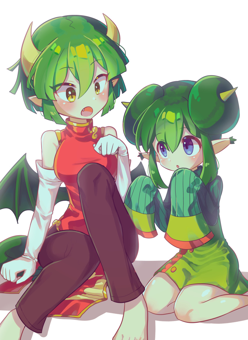 2girls, absurdres, barefoot, black_pants, blue_eyes, breasts, china_dress, chinese_clothes