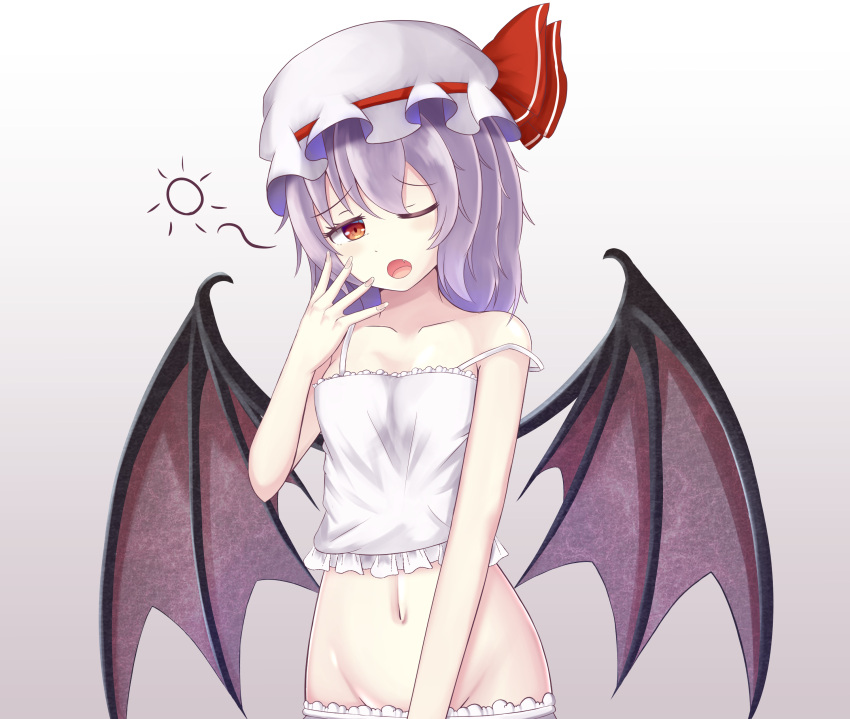 1girl, absurdres, bat_wings, bloomers, camisole, chemise, collarbone, eyebrows_visible_through_hair