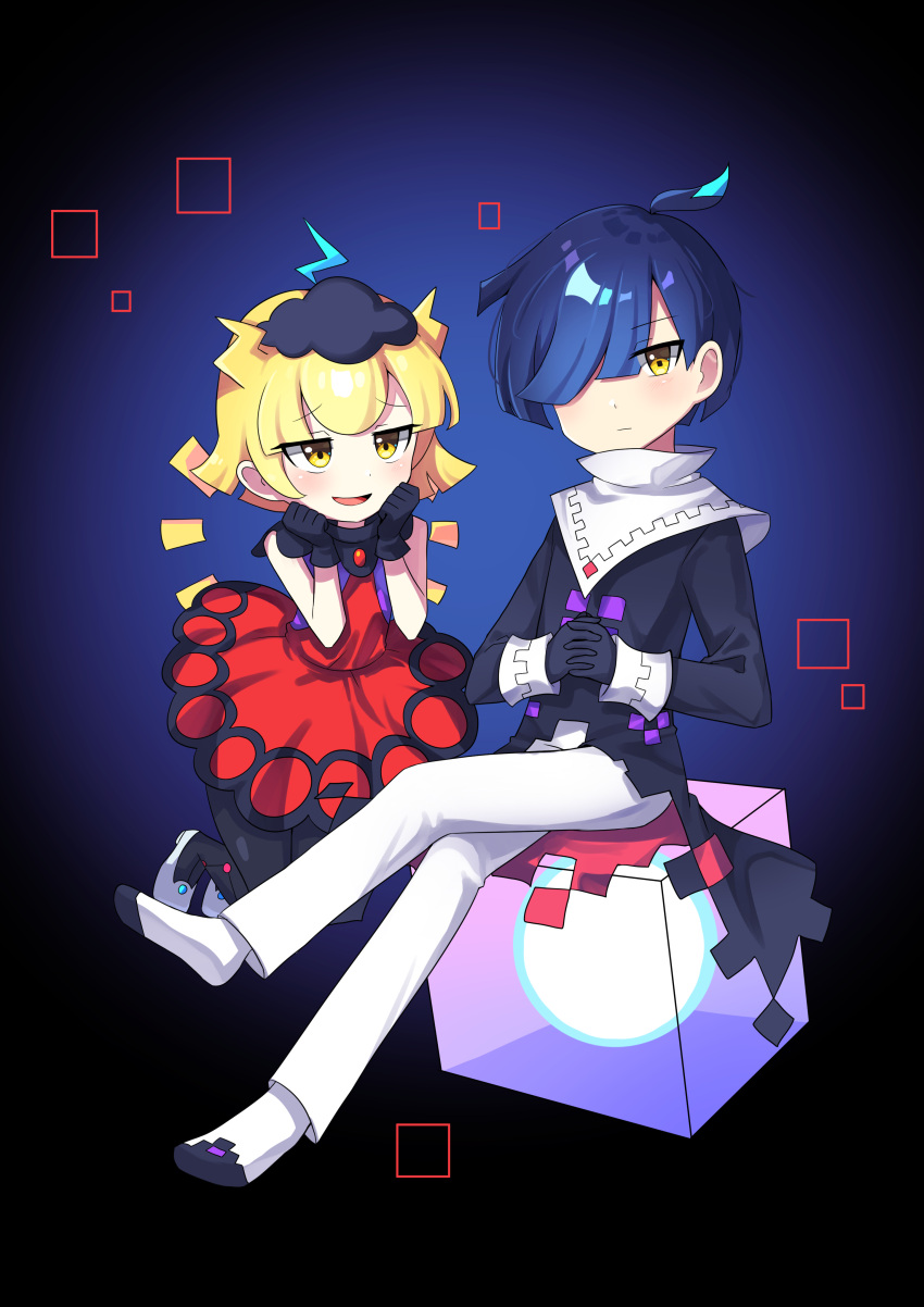 1boy, 1girl, absurdres, black_gloves, black_legwear, blonde_hair, brown_eyes, eyebrows_visible_through_hair