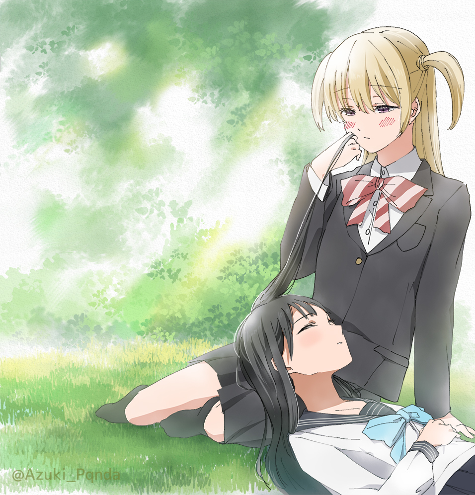 2girls, akebi-chan_no_serafuku, akebi_komichi, black_jacket, black_sailor_collar, black_skirt, blazer, blonde_hair, blue_neckerchief, blush_stickers, brown_eyes, closed_eyes, commentary_request, holding, holding_hair, jacket, kizaki_erika, lap_pillow, long_hair, meng_liangzi, multiple_girls, neckerchief, pleated_skirt, roubai_academy_school_uniform_(old), sailor_collar, school_uniform, serafuku, sitting, skirt, two_side_up, yokozuwari