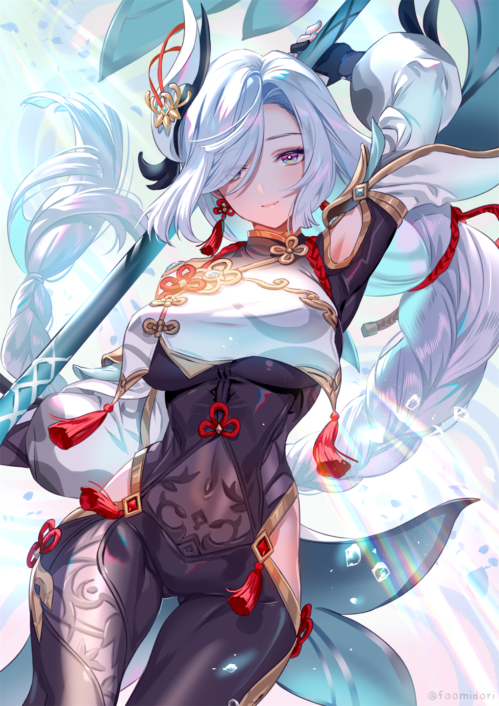 1girl, arm_up, armpit_peek, ass_visible_through_thighs, banned_artist, black_gloves, blue_eyes, bodysuit