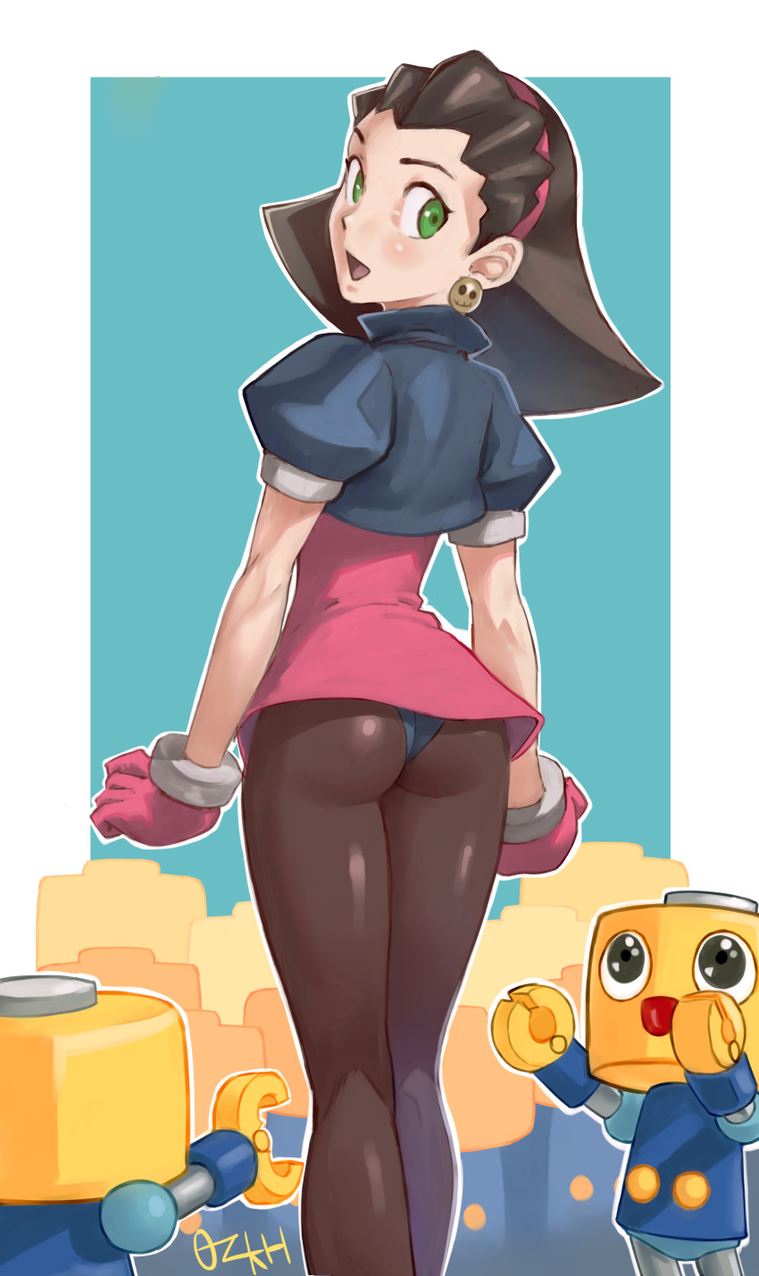 1girl, absurdres, artist_name, ass, black_legwear, blue_background, brown_hair, closed_mouth