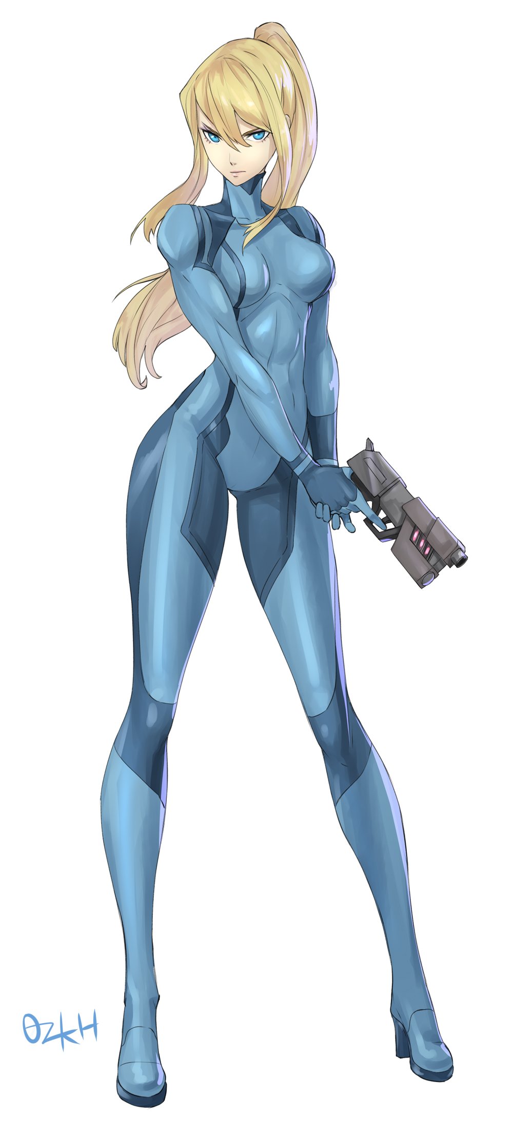 1girl, artist_name, bangs, blonde_hair, blue_bodysuit, blue_eyes, blush, bodysuit