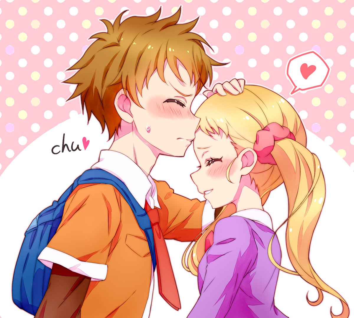 1boy, 1girl, amai_shirou, blonde_hair, blush, brown_hair, closed_eyes, embarrassed