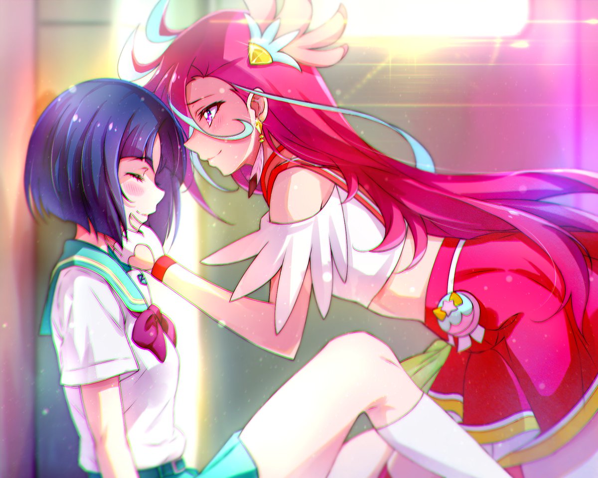 2girls, aqua_sailor_collar, aqua_skirt, backlighting, blue_hair, closed_eyes, closed_mouth, clothing_cutout