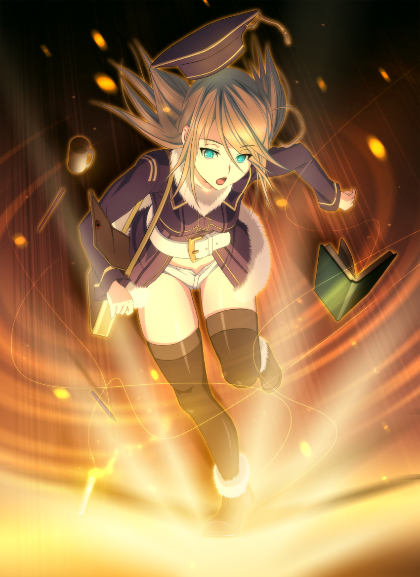 1girl, bangs, belt, black_legwear, blue_eyes, book, brown_coat, brown_hair, brown_headwear, coat, dungeon_of_regalias, eyebrows_visible_through_hair, floating_hair, fur_coat, game_cg, hair_between_eyes, hat, highres, leaning_forward, leg_up, long_hair, long_sleeves, m&amp;m, meriel_steward, micro_shorts, open_mouth, shiny, shiny_clothes, shiny_hair, shiny_legwear, shorts, solo, straight_hair, thigh-highs, white_belt, white_shorts