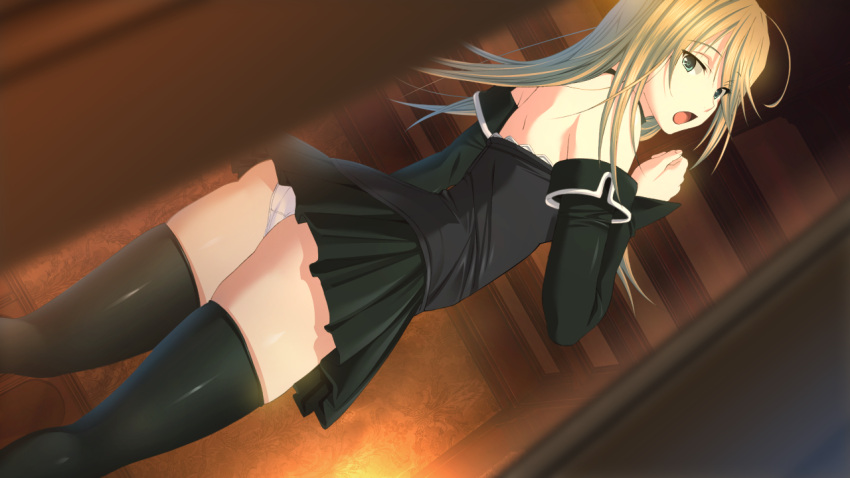 1girl, black_legwear, black_skirt, black_sleeves, blonde_hair, blurry, blurry_foreground, detached_sleeves