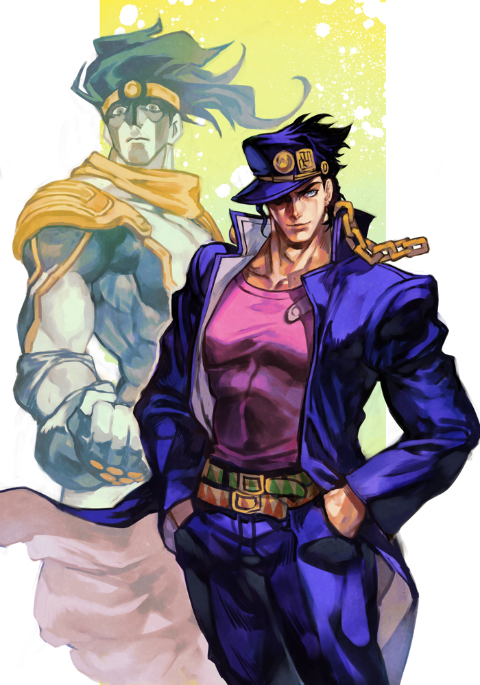 2boys, adjusting_clothes, belt, black_hair, blue_hair, chain, closed_mouth, colored_skin