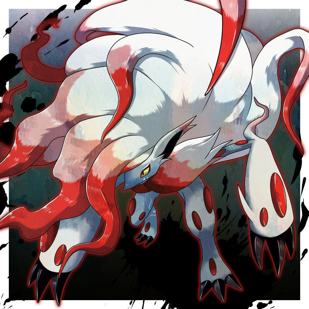 black_eyes, border, claws, closed_mouth, colored_sclera, commentary_request, grey_fur, hisuian_zoroark, pokemon, pokemon_(creature), red_pupils, shuga_(mhwii), solo, standing, white_border, yellow_sclera