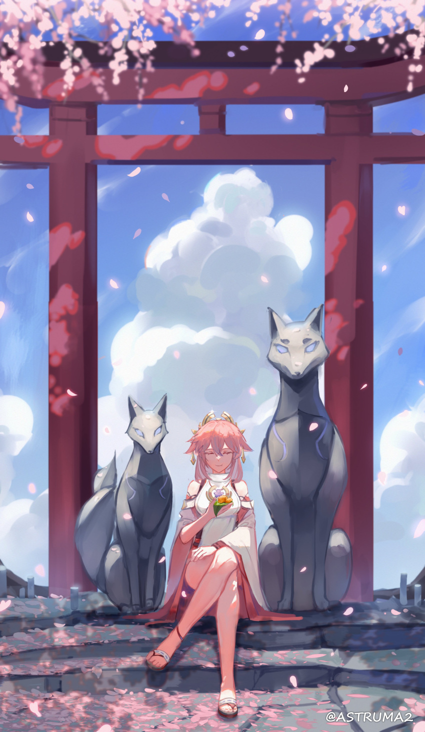 1girl, absurdres, astruma2, bangs, blue_sky, blush, breasts, cherry_blossoms
